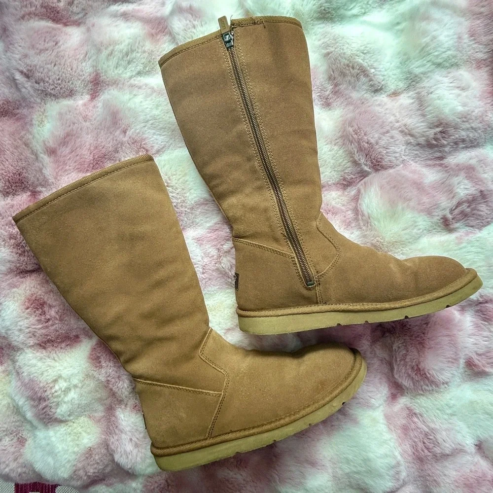 UGG Australia 5235 Tall Suede Shearling Boots Women's Size 7 Chestnut Side Zip